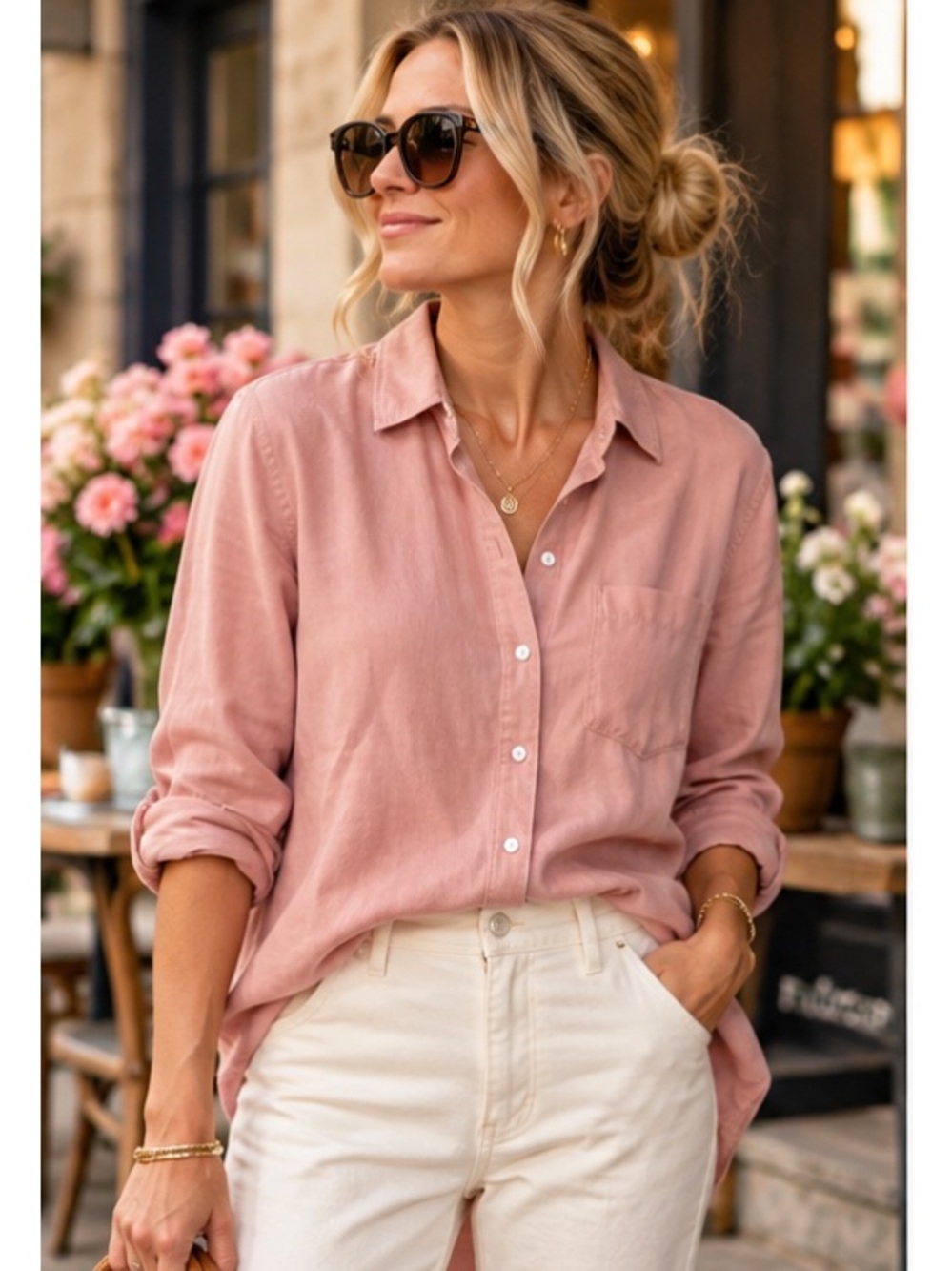 Old Navy Tencel Lyocell Button Down Shirt L Teak Rose Pink Relaxed